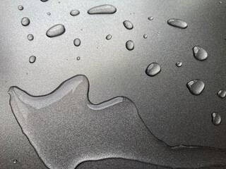 Drops of water on gray non-stick metallic surface.
