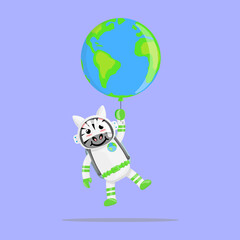 Illustration vector graphic cartoon of cute zebra astronaut flying with earth balloon. Childish cartoon design suitable for product design of children's books, t-shirt etc