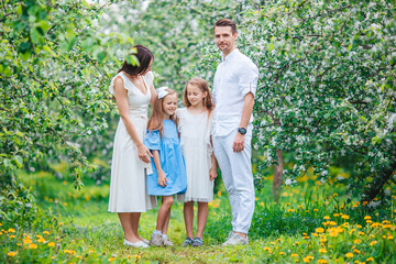 Adorable family in blooming cherry garden on beautiful spring day