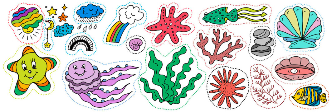 sea animals bright children's cute pictures drawn by the way stickers stars algae seashells rainbow clouds fish jellyfish octopus set print textiles paper