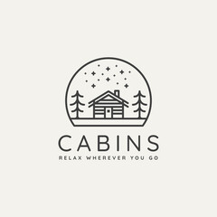 winter wooden cabin minimalist line art badge logo template vector illustration design. simple minimalist cottage, lodge, housing emblem logo icon concept