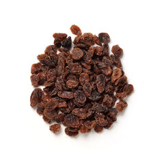 Zante Currants – Pile of Sweet Raisins, Black Corinth Grape (Vitis Vinifera) – Top View, Close-Up Macro, from Above – Isolated on White Background