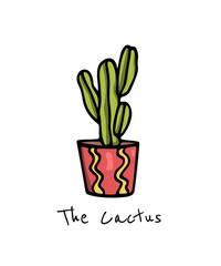 Vector card with hand drawn cactus in painted pot. Ink drawing, graphic style. Beautiful design elements.