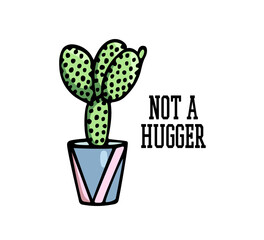 Vector card with hand drawn cactus in painted pot. Ink drawing, graphic style. Not a hugger sign. Beautiful design elements.