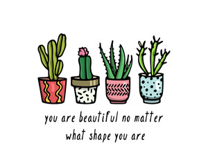 Vector card with hand drawn houseplants in painted pots. Ink drawing, graphic style. Beautiful design elements.