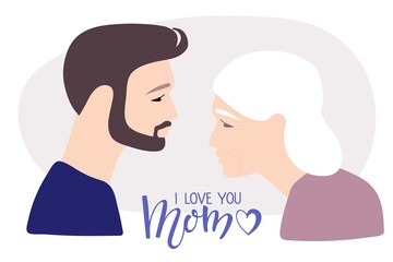 Mothers day vector illustration. I love you mom. Elderly woman with gray hair and wrinkles and her adult son. Caucasian Portraits in profile. Family, generation concept. Young man and her old mother.