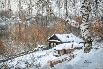 Wooden village house and white birch in Murom