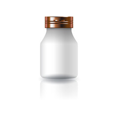 White round supplements, medicine bottle with copper cap lid for beauty, healthy product.