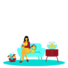 Fototapeta premium No face girl reading book on light blue sofa with cute dog in living room has golden fish in round jar on crimson drawer table. Young woman relaxing on chair reading book at home. Vector flat isolate