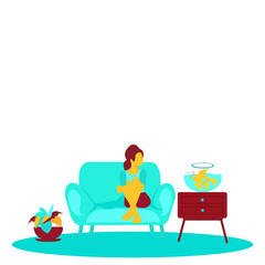 No face girl sitting on light blue sofa in living room looking to golden fish in round jar on crimson  drawer table. Young woman relaxing on chair at home. Vector flat isolate style 