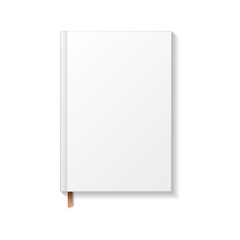 Blank white book or notebook with brown ribbon bookmark top view mockup template.
