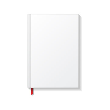 Blank white book or notebook with red ribbon bookmark top view mockup template.