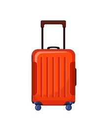 Travel suitcase with wheels in flat style isolated on white background. Red luggage icon for trip, tourism, voyage or summer vacation.