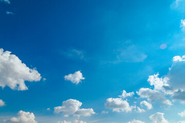 Wide angle view of blue sky with moving white clouds