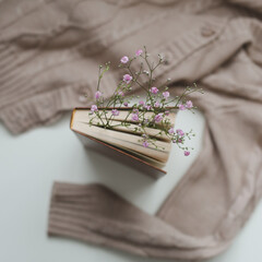 Warm knitted sweater and a book with flowers at white background. Cozy vintage. Flat lay, top view