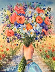 Watercolor bouquet. Girl hold wildflowers: poppies, cornflowers, chamomile. Design element. 