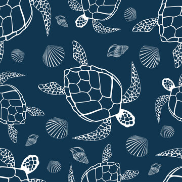 Seamless texture with the image of turtles and shells.