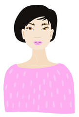 Portrait of young asian woman in pink dress. Beautiful girl face in modern flat style. Vector illustration