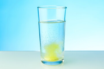 yellow dissolving pill dissolves in water on colored background. a glass of water and an...