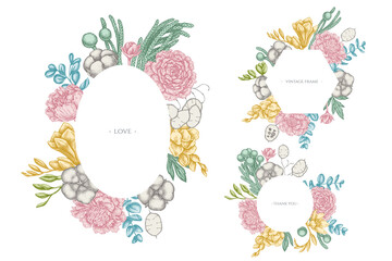 Floral frames with pastel ficus, eucalyptus, peony, cotton, freesia, brunia