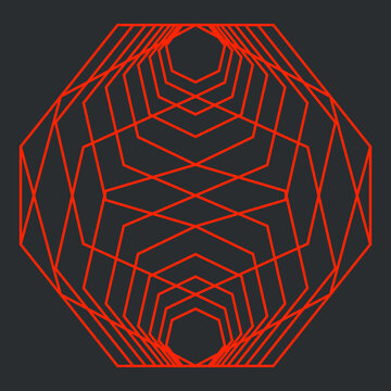 Pentagons overlapping and decreasing in size create a web like geometric outline pattern in orange on a grey background