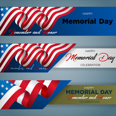 Set of web banners design, background with  handwriting texts, medal of honor, army helmet and national flag colors for U.S. Memorial day event, celebration; Vector illustration