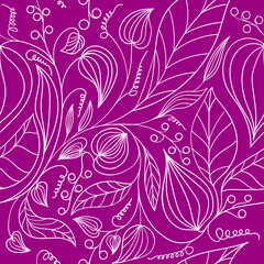 Seamless pattern of plants drawn by line on a lilac background.