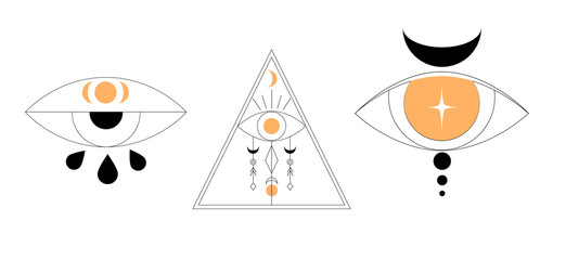 Boho mystery logo set. Alchemy magic eyes in hand drawn style. Printable illustration. Vector hand drawing outline symbol collection. Mystical esoteric elements