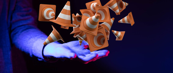 Traffic cones. Under construction sign. 3d