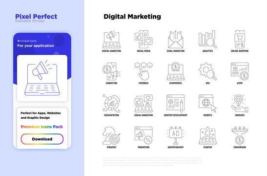 Digital Marketing Thin Line Icon Set. Social Media, Advertising, E-mail Marketing, E-commerce, Online Shopping, Conversion, Start Up, Promotion. Pixel Perfect, Editable Stroke. Vector Illustration