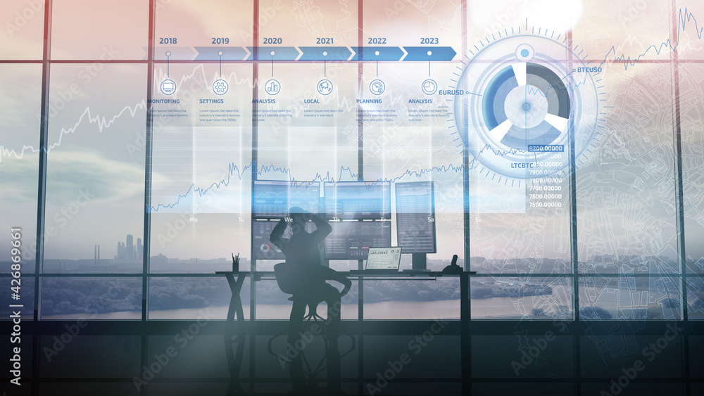 Poster stock trader in the office and infographics. . 3d render