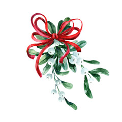 Mistletoe branches decorated with a bow. 800 dpi watercolor.
