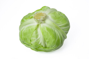 Head of whole fresh green cabbage, isolated on white background