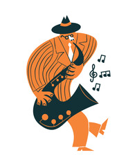 Funny jazz saxophone man player cartoon isolated