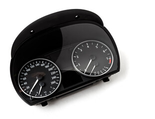 The dashboard of the car with white arrows with a speedometer, tachometer and other tools to monitor the condition of the vehicle in modern style on white isolated background