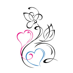 hearts 63. two stylized hearts with flower, leaves and swirls in colored lines on a white background