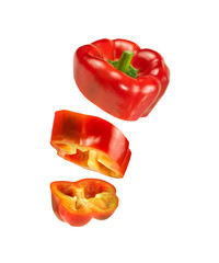 Flying red bell pepper isolated on white background.