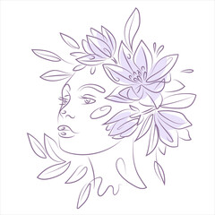 Woman face with flowers line drawing. Flower bouquet in woman head. Nature cosmetics. Minimalist hand draw Artwork