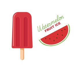 Red fruit ice. Watermelon popsicle on a stick. Lettering and picture