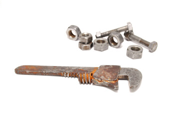 Wrenches covered in rust on white background close up
