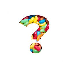 Question punctuation mark of jelly beans candies and cut paper isolated on white. Colourful rainbow...