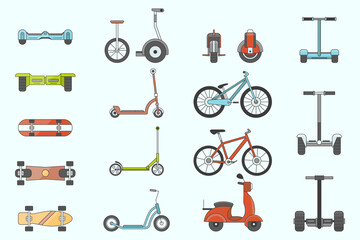 Electric transport Icons set - Vector color symbols of scooter, segway, skate, hoverboard, skateboard and bike for the site or interface