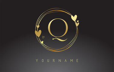 Letter Q Logo with golden circle frames and golden hearts.