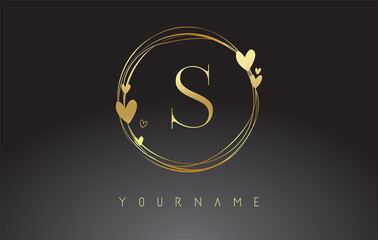 Letter S Logo with golden circle frames and golden hearts.