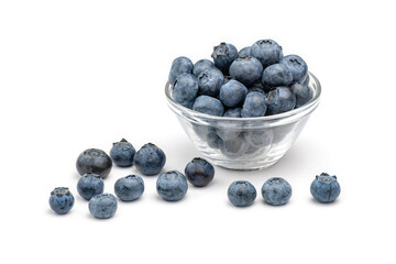 Fresh blueberries in glass bowl isolated on white background.