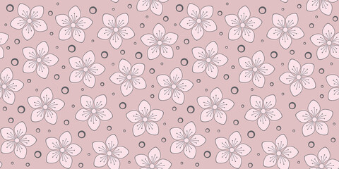 Spring cute flowers with five petals on a beige background with small circles. Vector seamless pattern for wrapping paper, packaging, cover, banner, greeting card, website wallpaper or surface texture