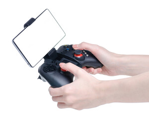 Joystick for mobile phone in hand on white background isolation