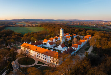 Majk, Hungary - The famous baroque Camaldolese monastery on a spring morning from drone point of...