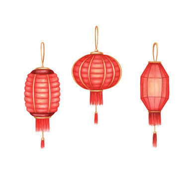 Watercolor chinese lanterns on white background isolated. Three red laternas for your design. Сhinese holiday decor. 