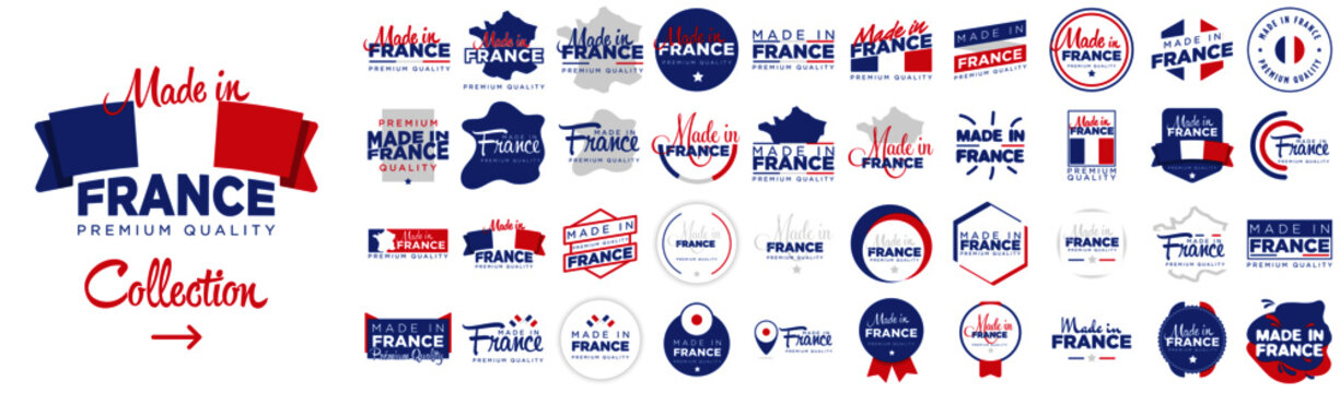 Collection of badge logotype of Made in France with ribbon and flag on white background, For art template design, page, mockup brochure style, banner, idea, cover, booklet, print, flyer, book, card